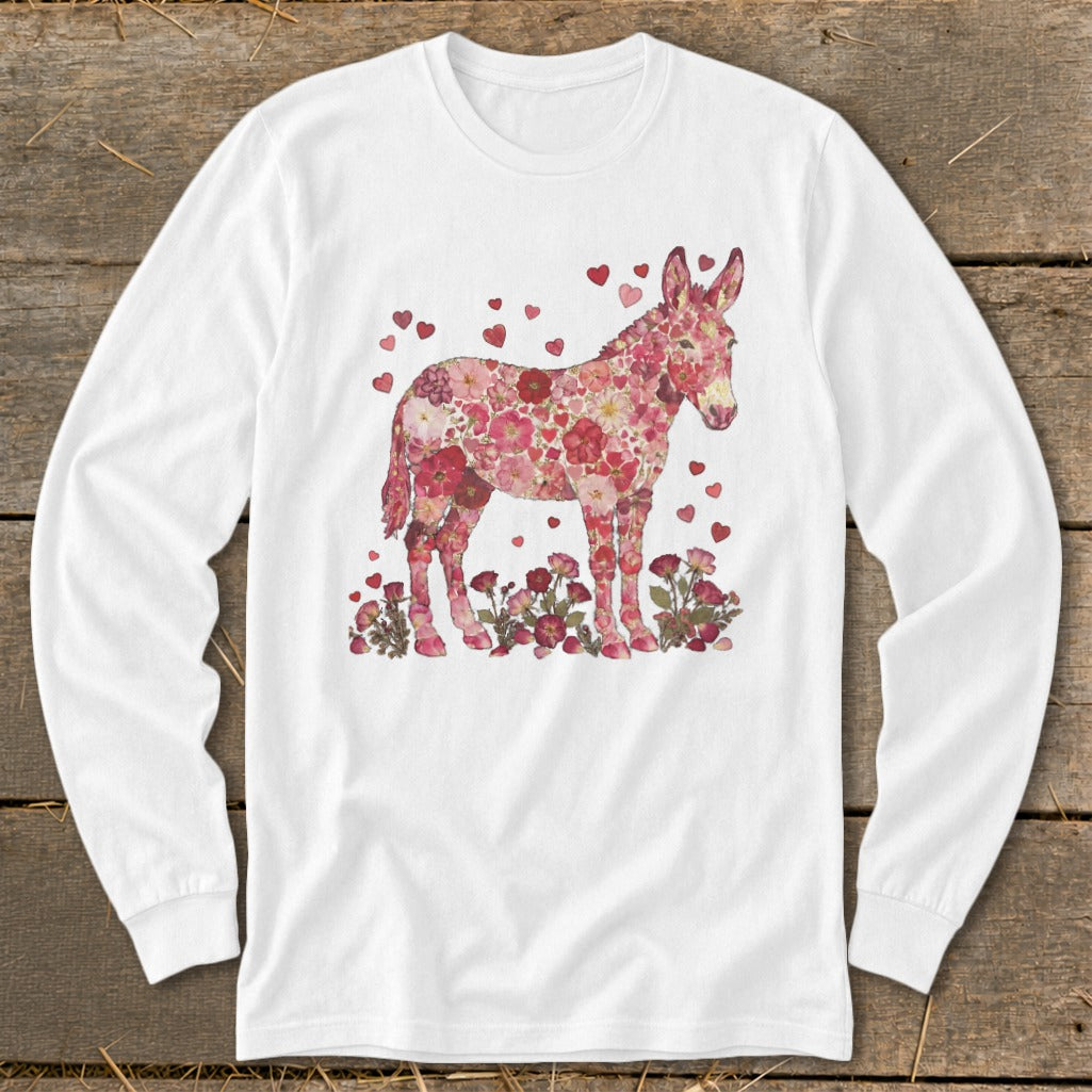 Donkey made of pink flowers and hearts on a white long-sleeve shirt.