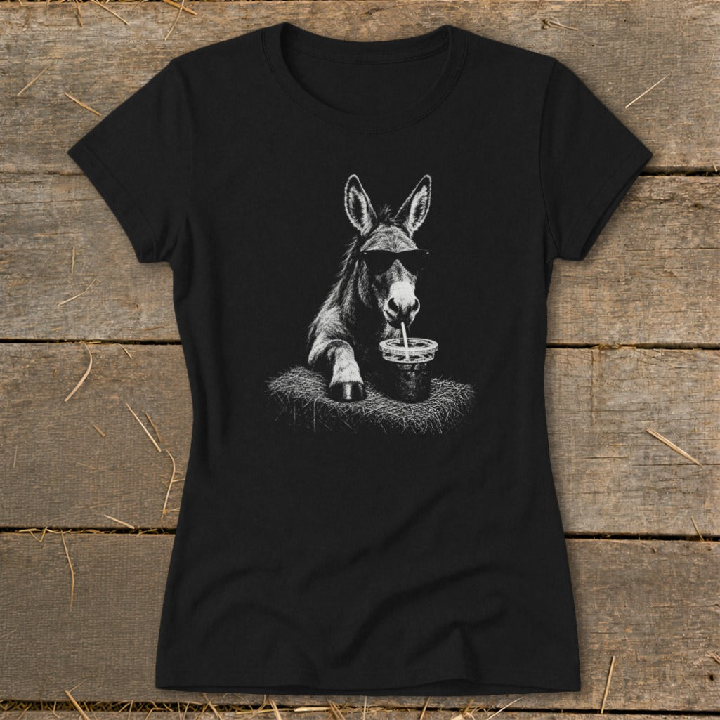 Black t-shirt with a graphic of a donkey wearing sunglasses drinking from a cup.