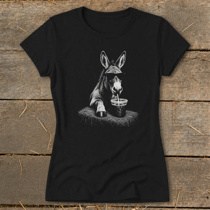 Black t-shirt with a graphic of a donkey wearing sunglasses drinking from a cup.