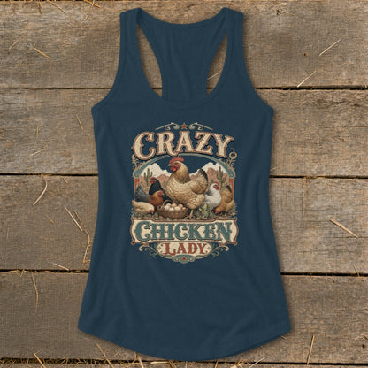 Tank top with "Crazy Chicken Lady" text and a hen with chicks and eggs in a desert scene.