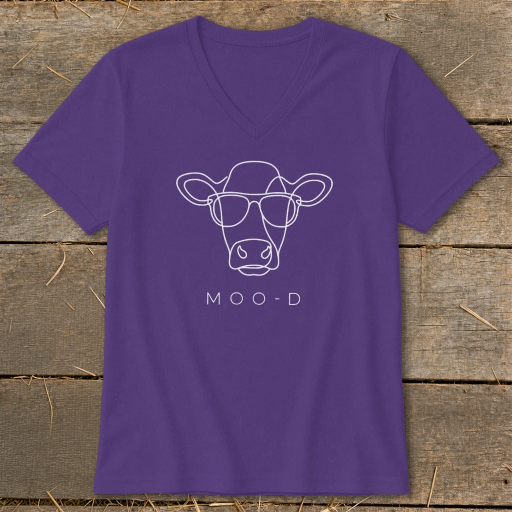 Purple v-neck t-shirt with white line drawing of a cow wearing sunglasses and text "MOO-D".
