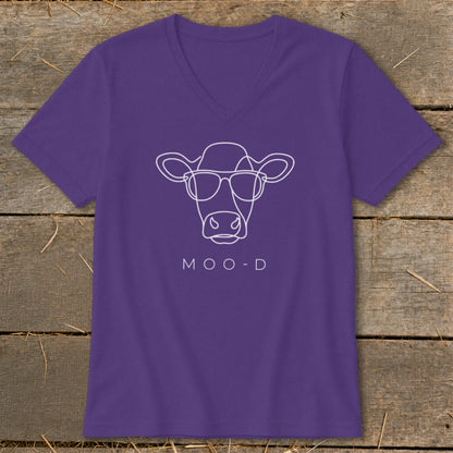 Purple v-neck t-shirt with white line drawing of a cow wearing sunglasses and text "MOO-D".