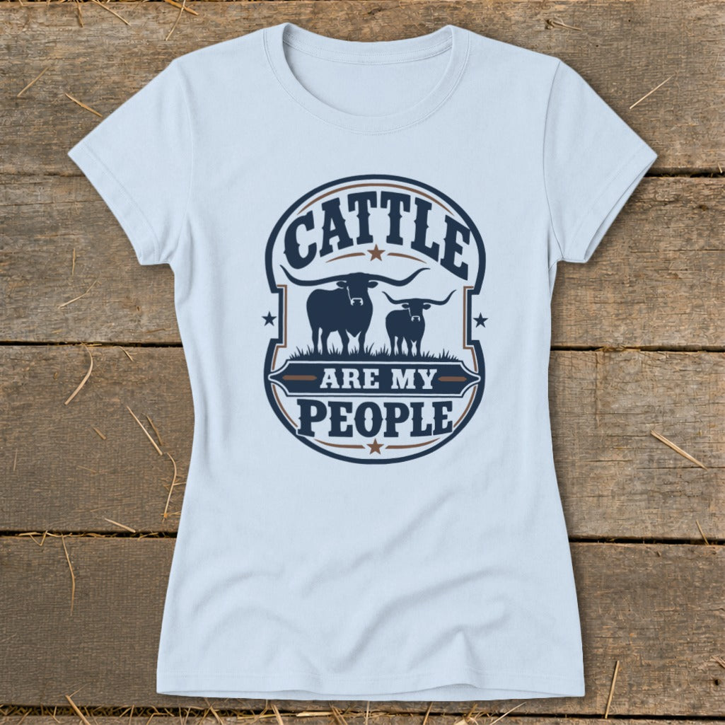 Light blue t-shirt with "Cattle Are My People" graphic and two longhorn cattle.