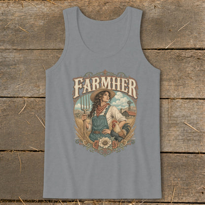 Farmher graphic on a tank top, featuring a woman with a pitchfork and rooster.