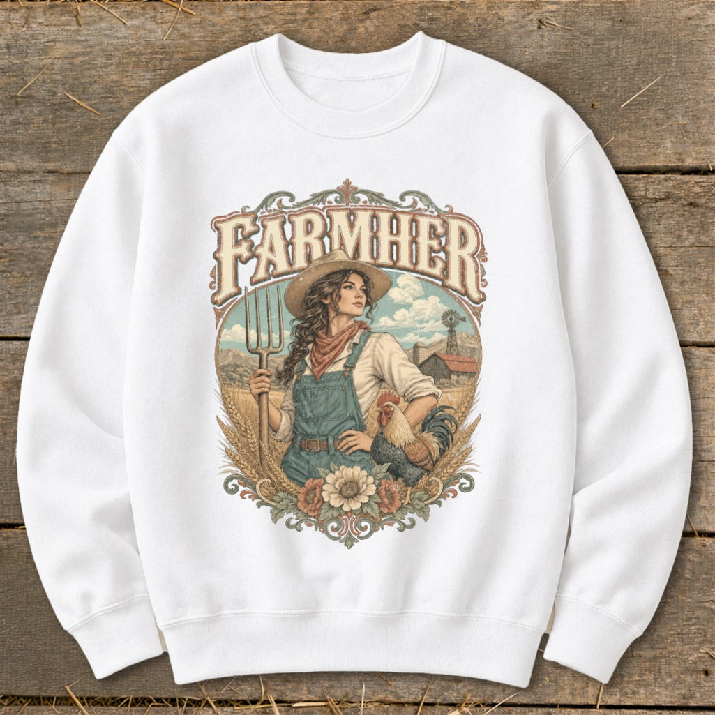 White sweatshirt featuring a vintage "FARMHER" graphic with a woman and rooster.