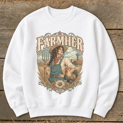 White sweatshirt featuring a vintage "FARMHER" graphic with a woman and rooster.
