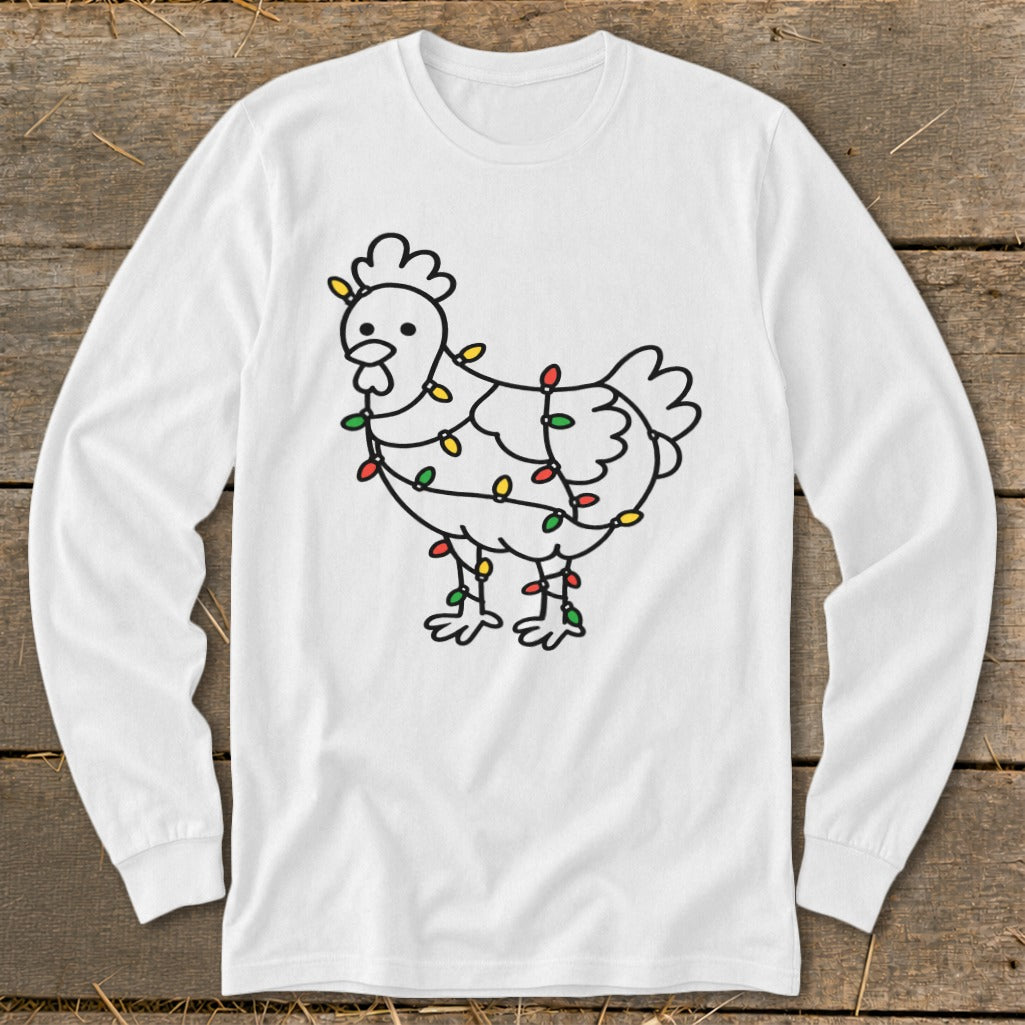 White long-sleeved shirt with a black line drawing of a chicken decorated with colorful Christmas lights.