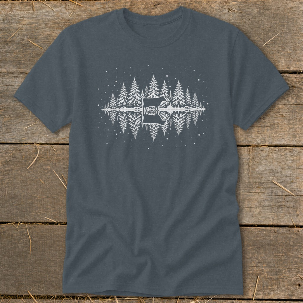 Dark gray t-shirt with white graphic of a bear and pine trees reflected in water.