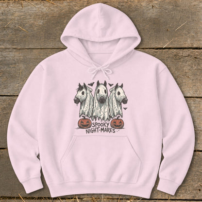 Pink hoodie with three horses in ghost costumes and "Spooky Night-Mares" text.
