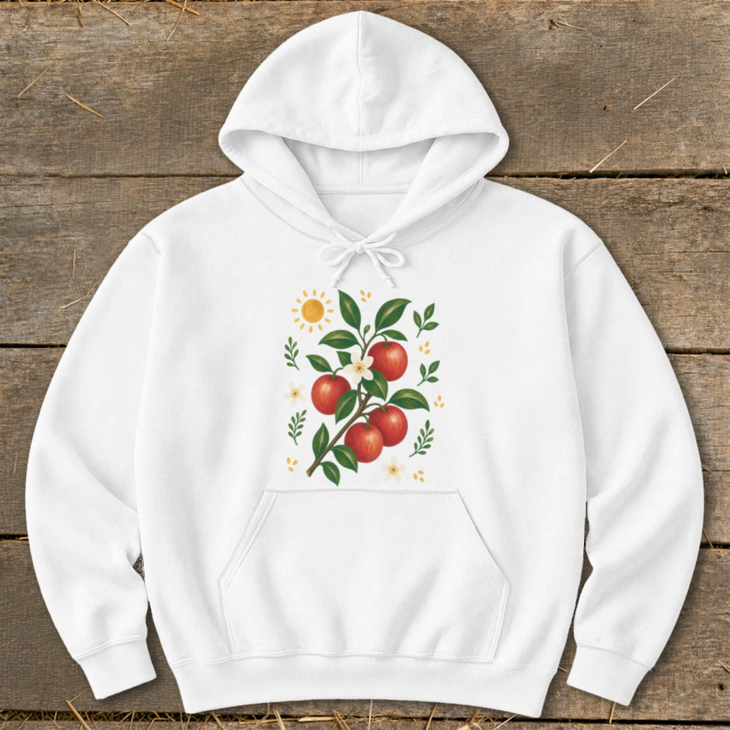 White hoodie with an illustration of red apples on a branch, sun, and flowers.