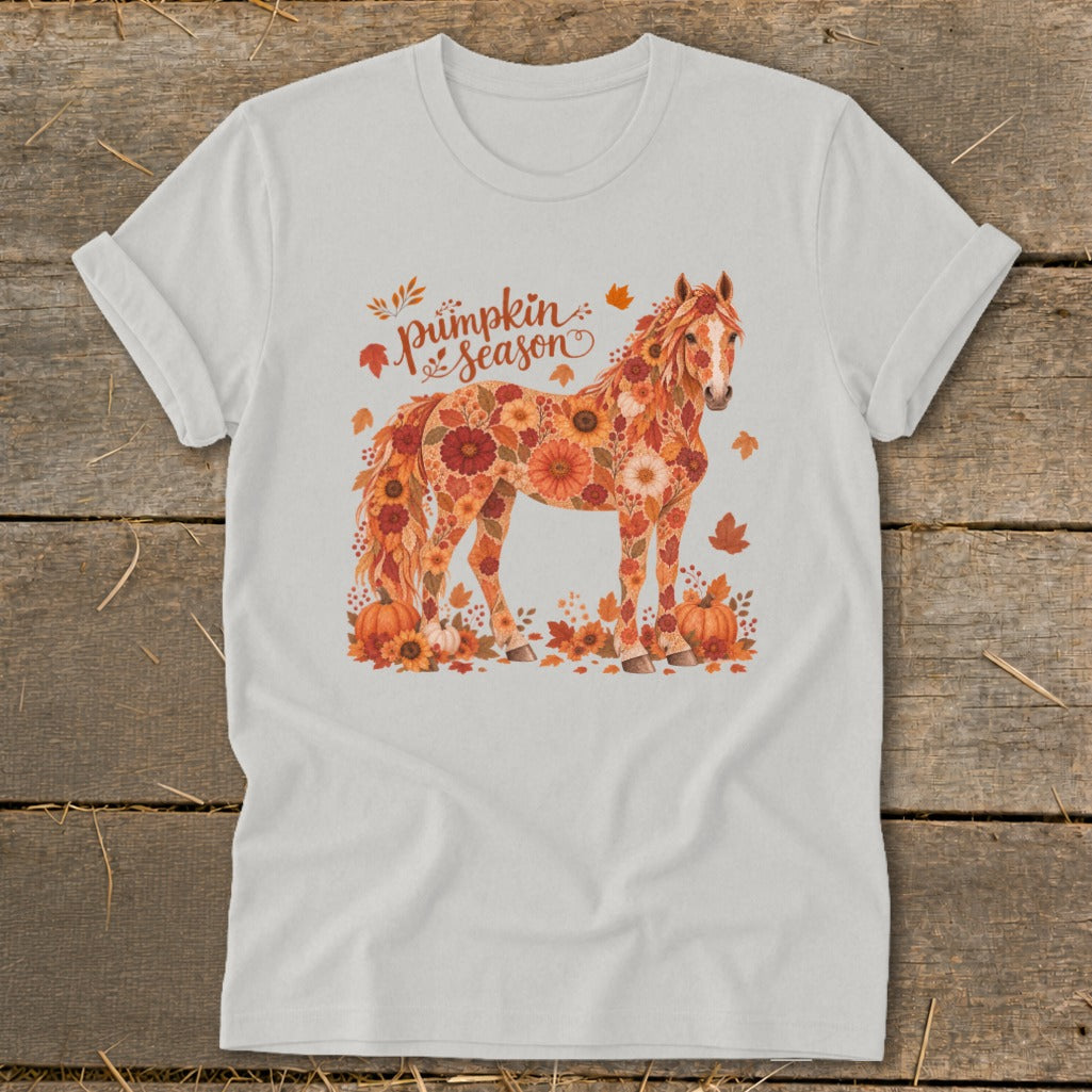 White t-shirt with a horse made of autumn flowers and pumpkins, "Pumpkin Season" text.