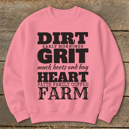 Pink sweatshirt with black text: DIRT, GRIT, HEART, FARM.