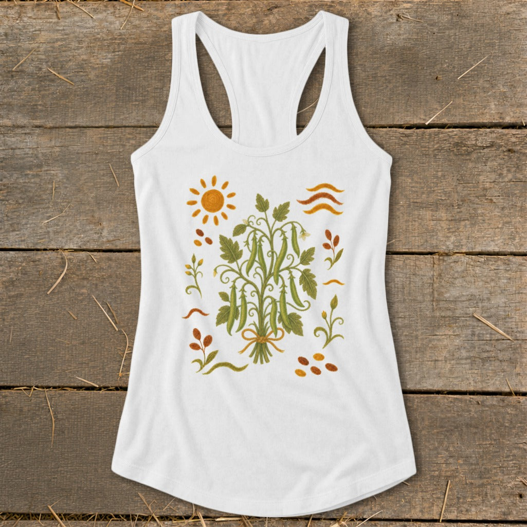 White tank top with a green pea plant illustration, sun, and leaves.