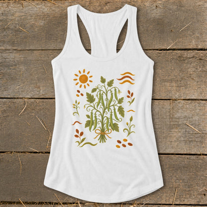 White tank top with a green pea plant illustration, sun, and leaves.