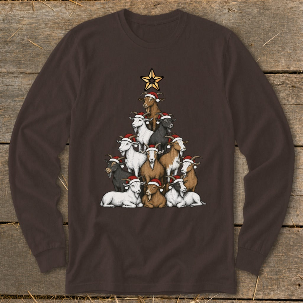 Goats stacked in a Christmas tree formation wearing Santa hats, topped with a star.