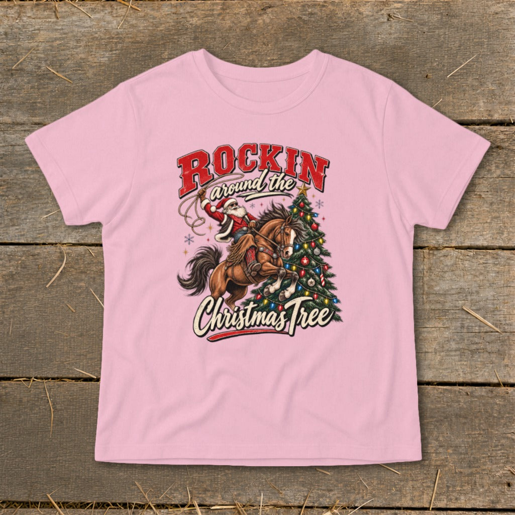 Santa riding a horse with a lasso and Christmas tree, text reads "Rockin' Around the Christmas Tree."