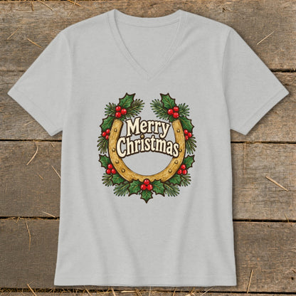 Gray v-neck t-shirt with a Christmas horseshoe wreath graphic and "Merry Christmas" text.