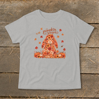 Light gray t-shirt with a floral bunny, pumpkins, sunflowers, and "pumpkin season" text.