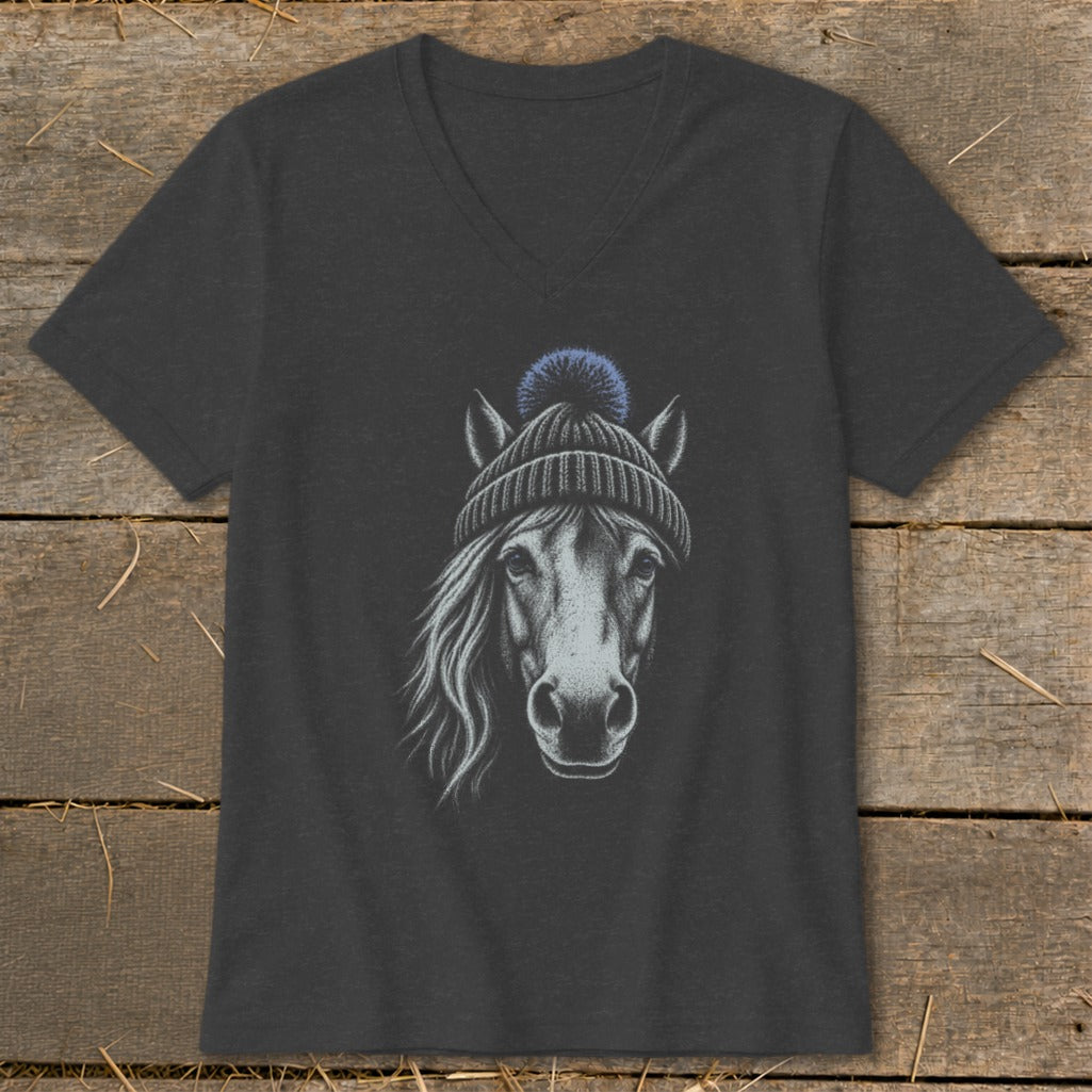 Dark gray t-shirt with a charcoal sketch of a horse wearing a knit beanie and pompom.