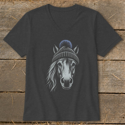 Dark gray t-shirt with a charcoal sketch of a horse wearing a knit beanie and pompom.