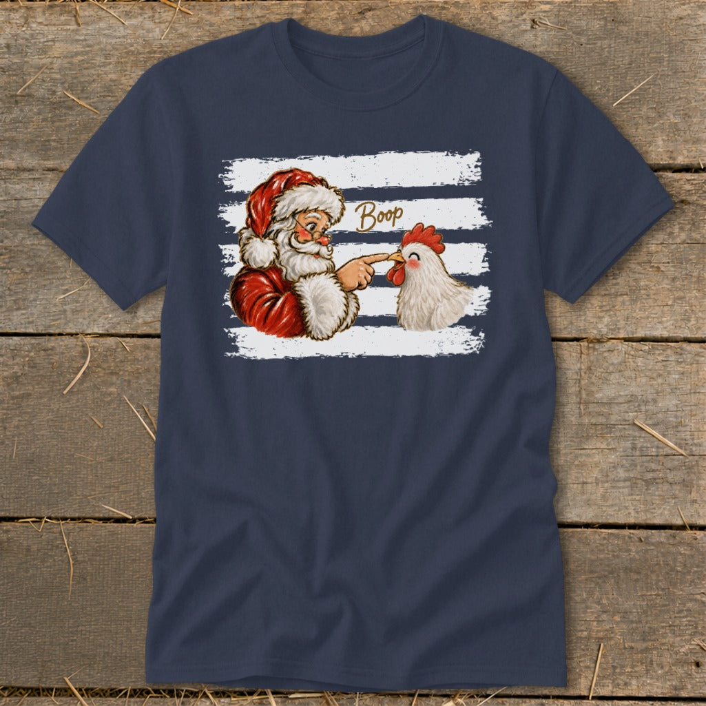 Santa booping a chicken's nose with "Boop" text on a distressed flag background.