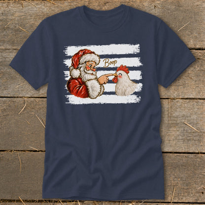 Santa booping a chicken's nose with "Boop" text on a distressed flag background.