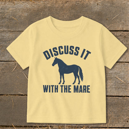 Yellow t-shirt with navy blue text and horse silhouette: "Discuss it with the mare."