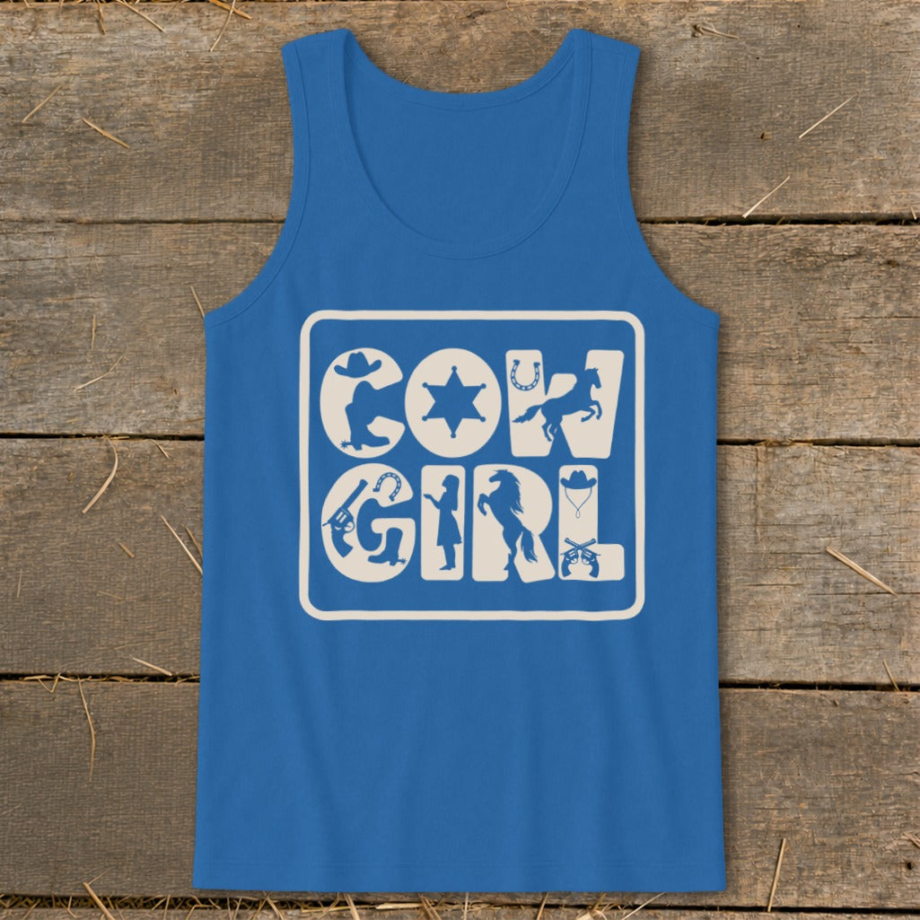Blue tank top with white "COWGIRL" text and Western-themed icons.