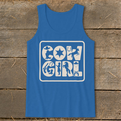 Blue tank top with white "COWGIRL" text and Western-themed icons.