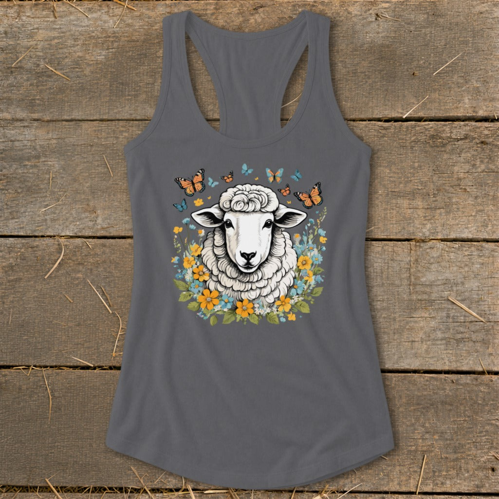 Sheep with floral wreath and butterflies graphic on a gray tank top.