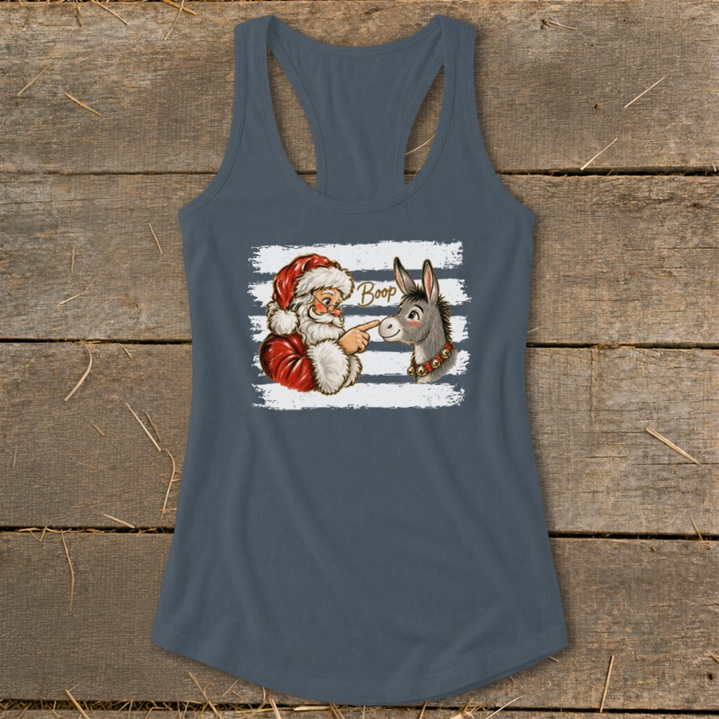 Santa booping a donkey with the word "Boop" above.