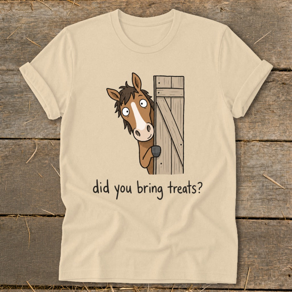 T-shirt with cartoon horse peeking from behind a wooden door asking "did you bring treats?".