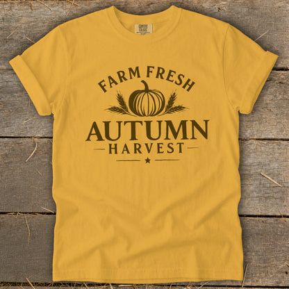 Yellow t-shirt with "Farm Fresh Autumn Harvest" text and a pumpkin graphic.