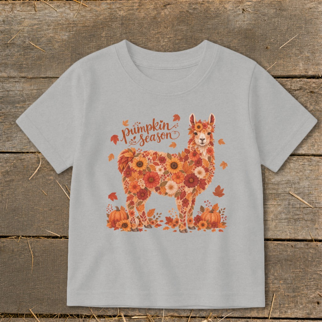 Light gray t-shirt with a llama made of fall flowers and "pumpkin season" text.