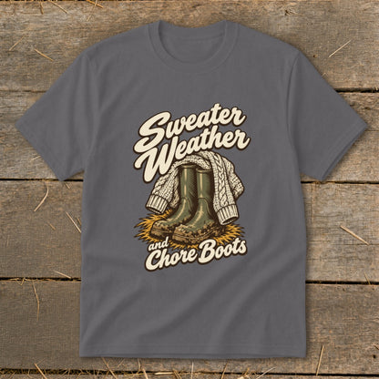 Sweater Weather and Chore Boots graphic on a grey t-shirt.