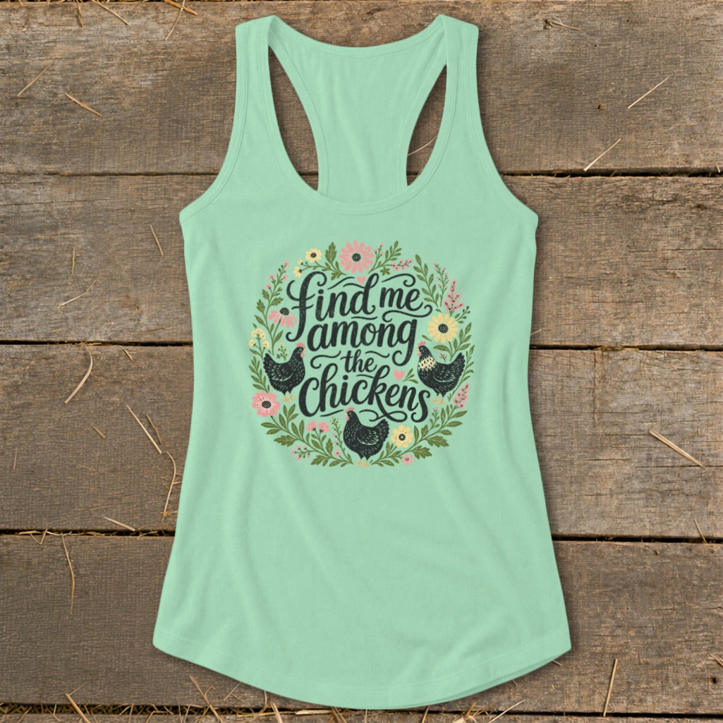 Mint green tank top with "Find me among the chickens" text and chicken graphics.