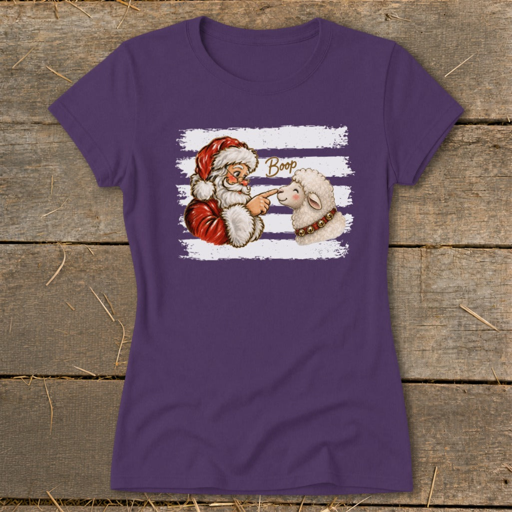 Santa booping a sheep with "Boop" text on a purple t-shirt.