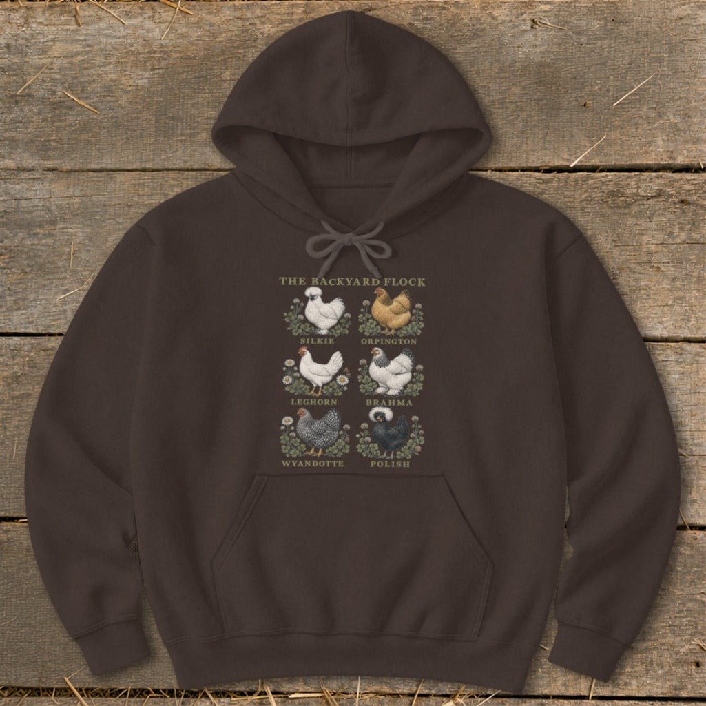 Brown hoodie with a six-chicken illustration titled "The Backyard Flock."
