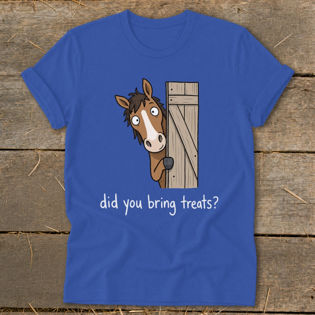Blue t-shirt with cartoon horse peeking from behind a wooden gate asking "did you bring treats?".