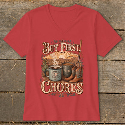 "But First, Chores" graphic with coffee mug, feed bucket, boots, and pitchfork.
