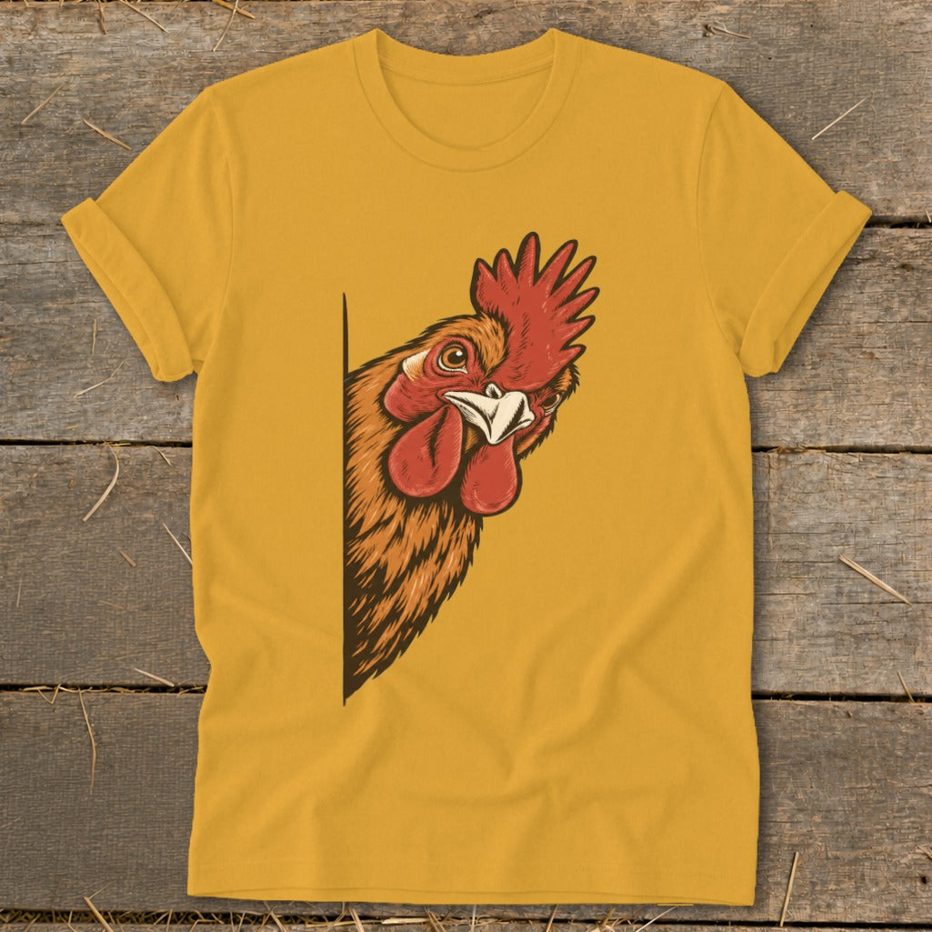 Yellow t-shirt with a cartoon rooster peeking from the side.