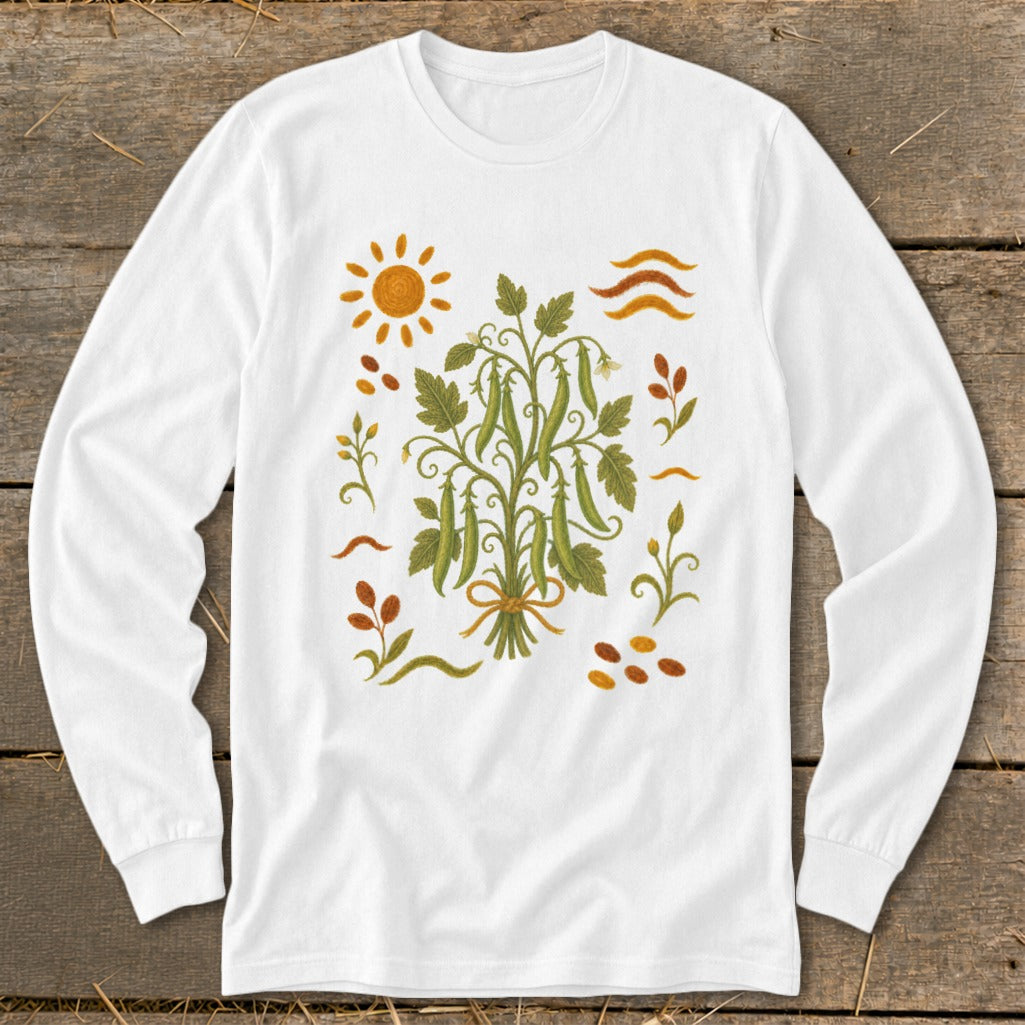White long sleeve shirt with a central illustration of a pea plant and sun.