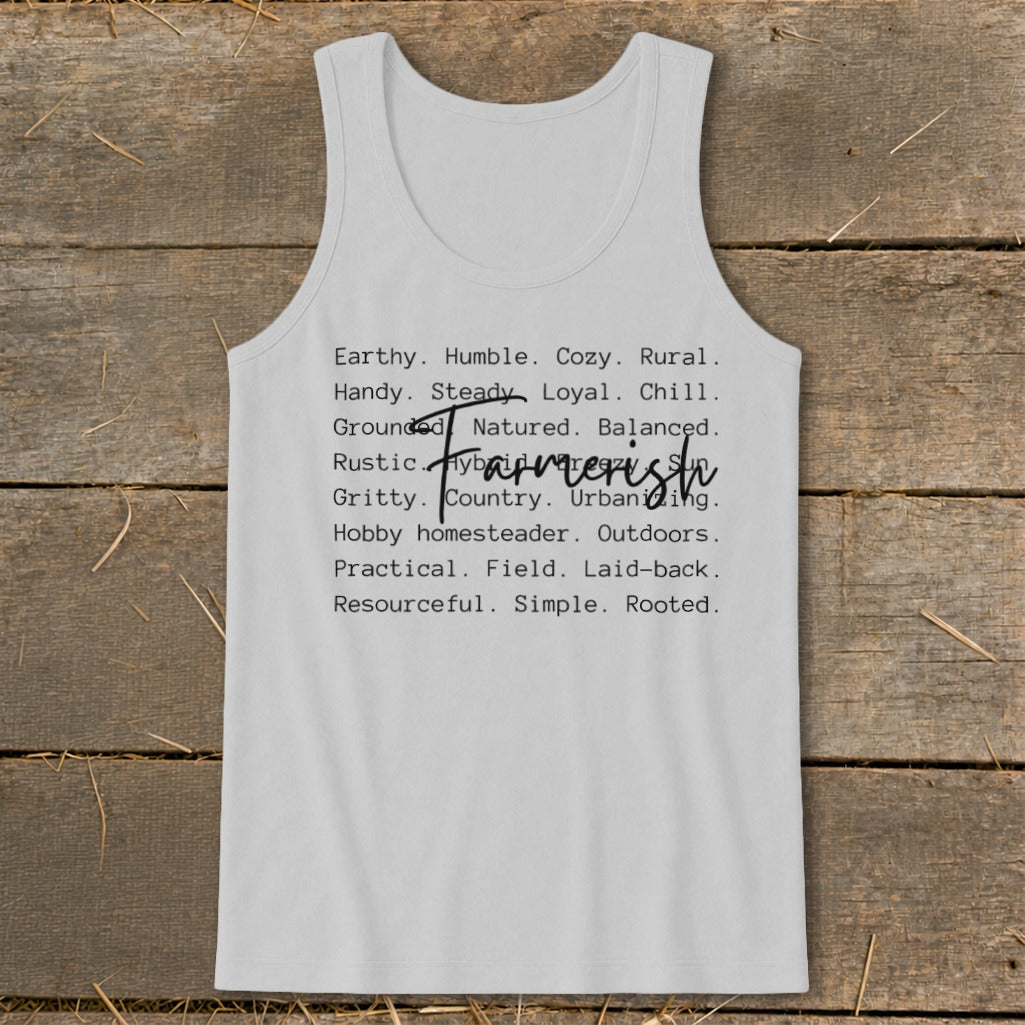 White tank top with a list of descriptive words and "Farmerish" in script.