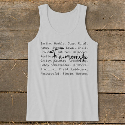 White tank top with a list of descriptive words and "Farmerish" in script.