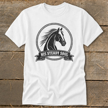 White t-shirt with black horse head graphic and "HIS STEADY SOUL" text.