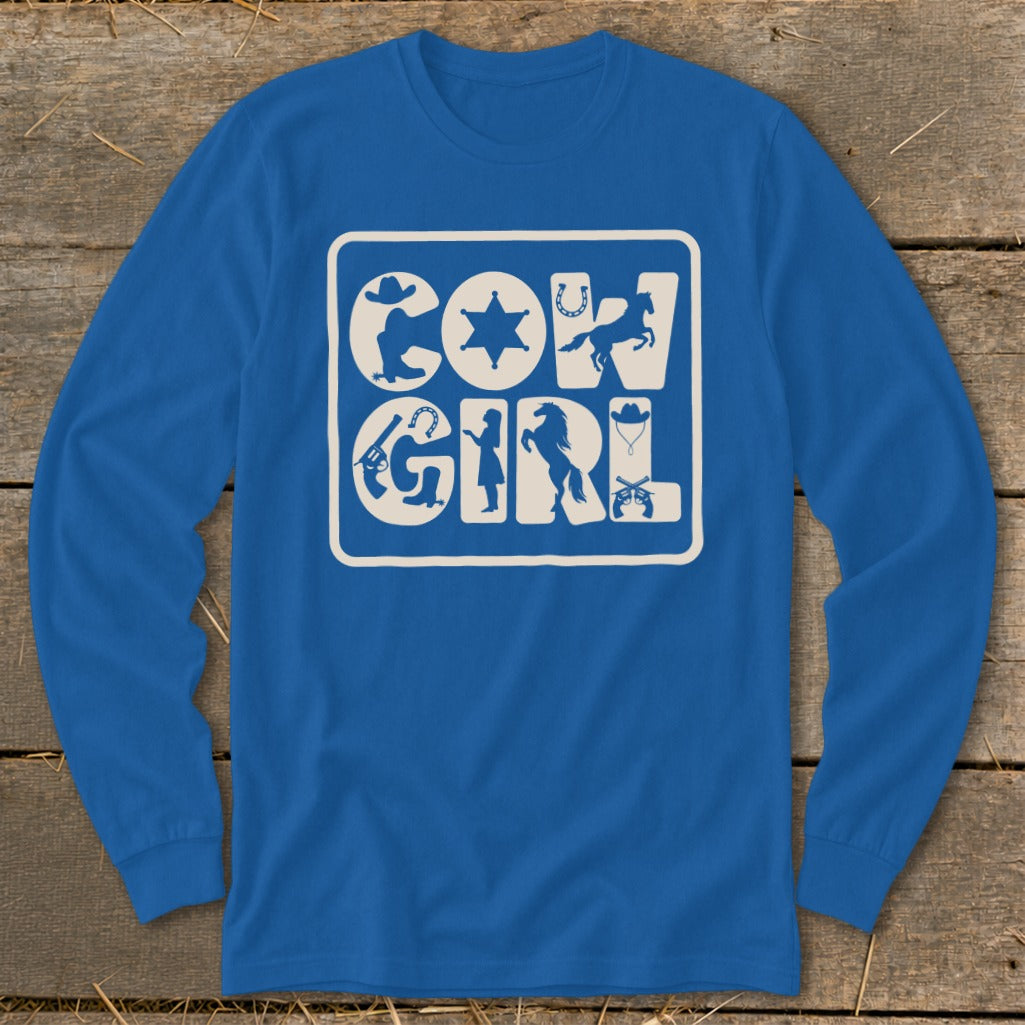 Blue long-sleeve shirt with "COW GIRL" graphic featuring Western icons.