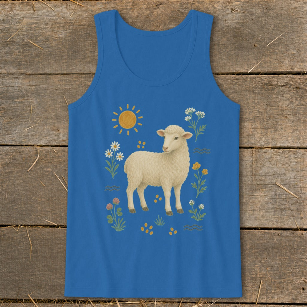Blue tank top with a watercolor illustration of a sheep surrounded by flowers and the sun.