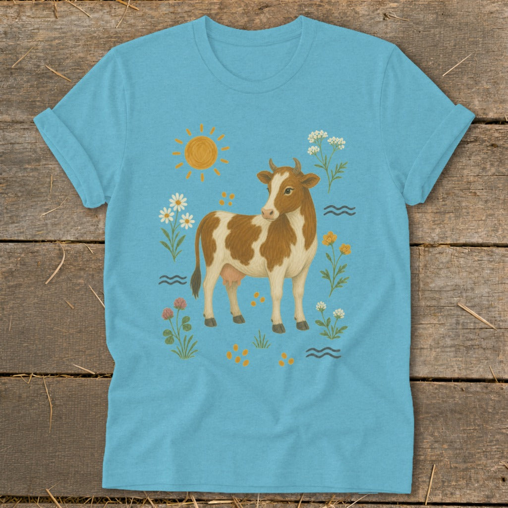 Light blue t-shirt with a brown and white cow, flowers, and sun graphic.