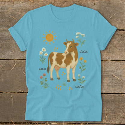 Light blue t-shirt with a brown and white cow, flowers, and sun graphic.