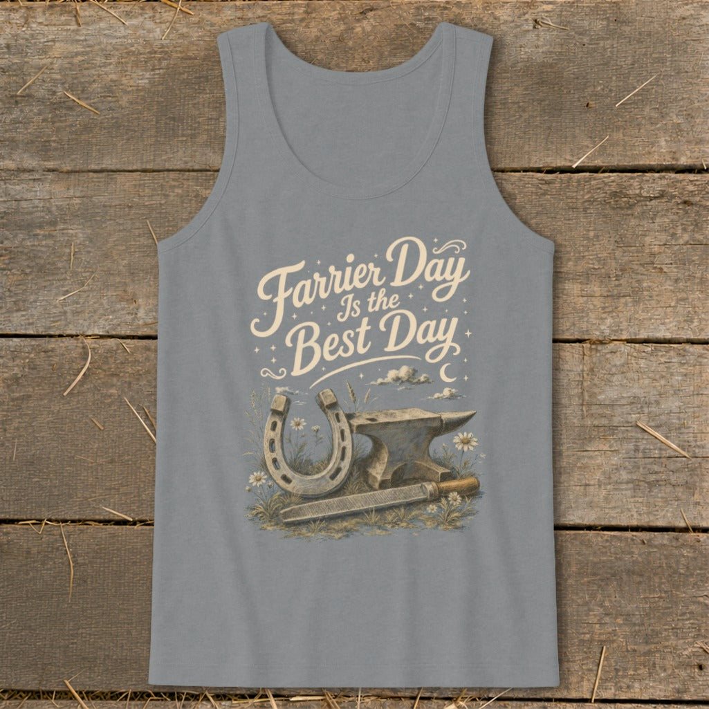 Grey tank top with "Farrier Day Is the Best Day" text and horseshoe, anvil, file, and flowers.
